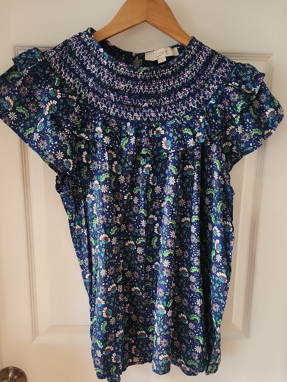 LOFT Navy Floral Smocked Flutter Sleeve Blouse